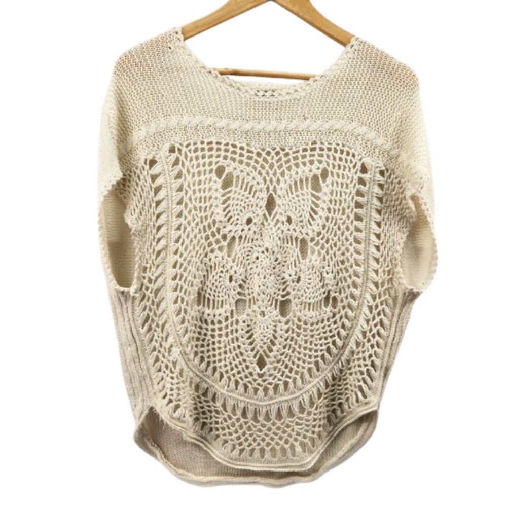 ONLY Blue Behaviour Crochet Top size Large, Cap Sleeves Pullover Beige Beachy